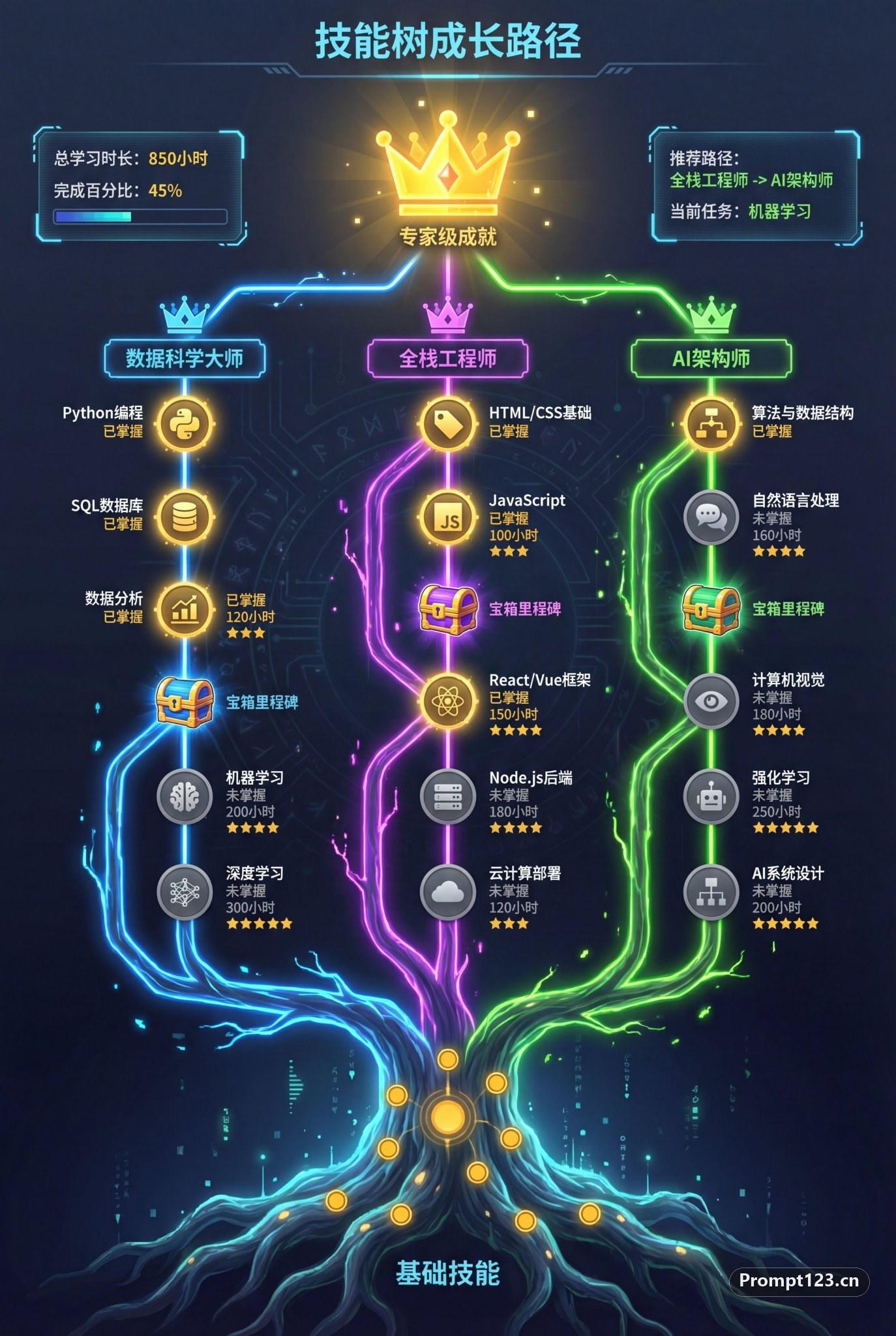 一张精美的技能树成长路径信息图