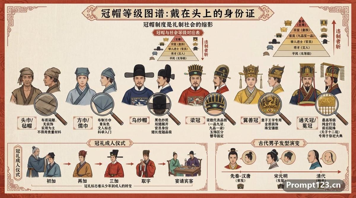 中国传统男子冠帽等级制度拆解信息图