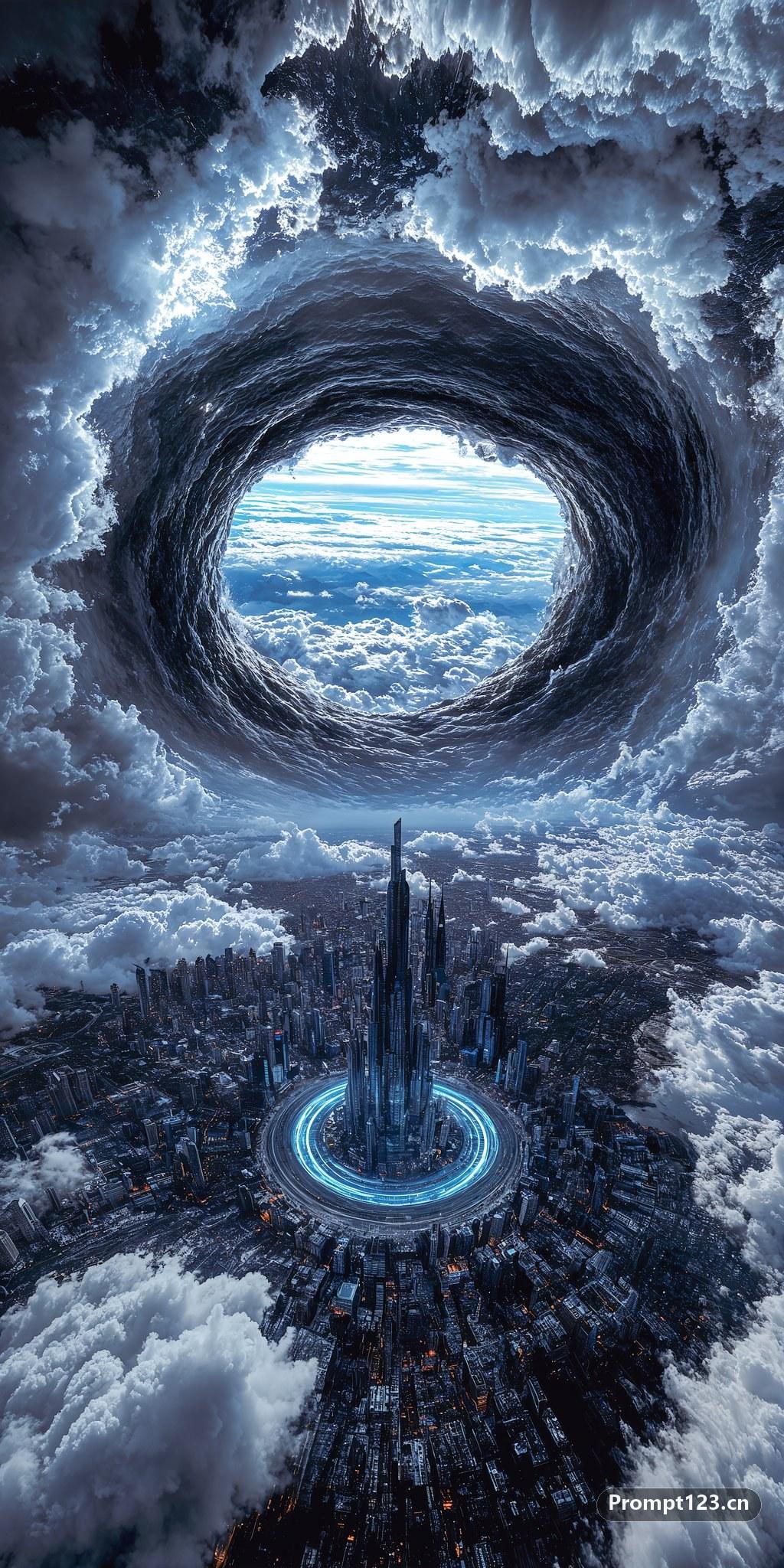 都市上空巨大的涡旋冲破暴风云层