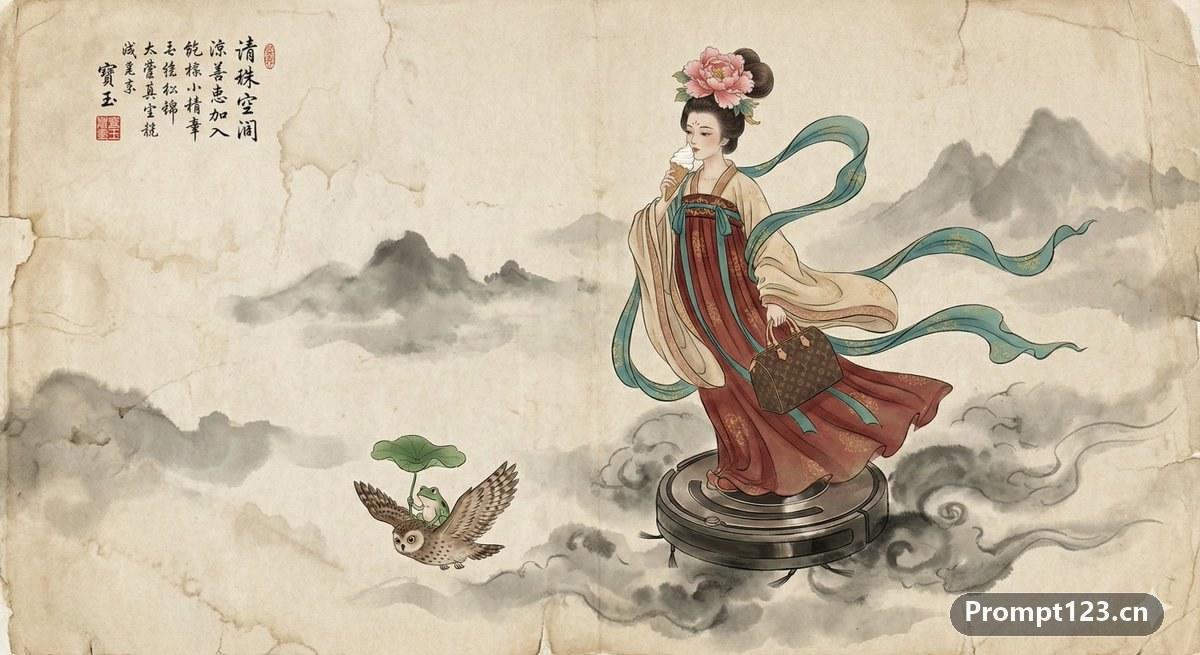 传统的中国工笔水墨画-仙女