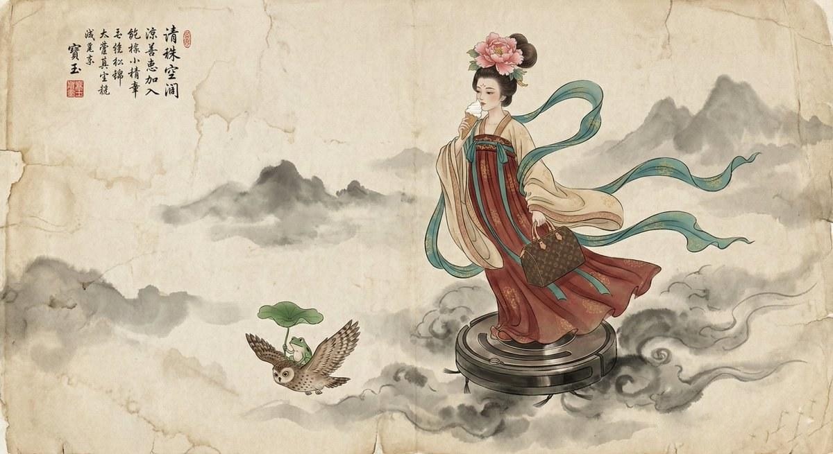 传统的中国工笔水墨画-仙女
