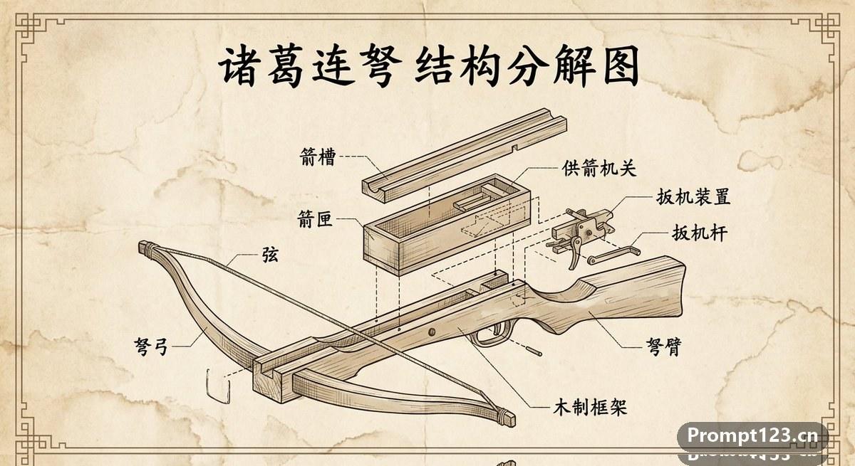 诸葛连弩的复古风格工程爆炸图