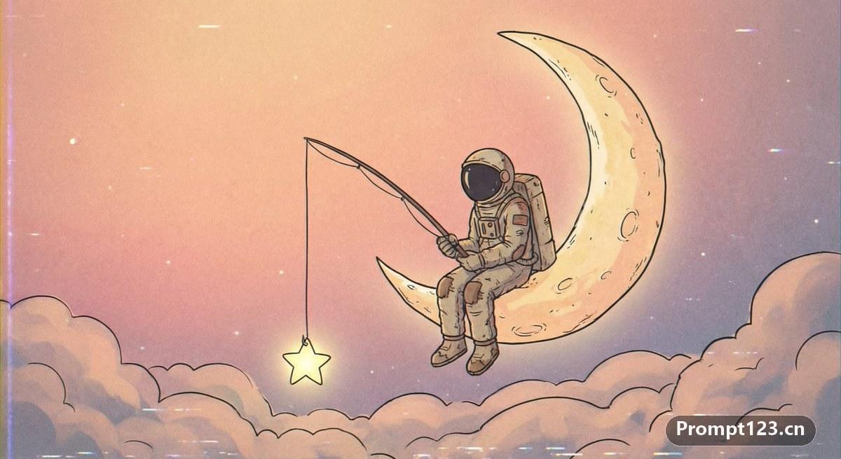 治愈系，宇航员坐在弯弯的月亮边钓星星