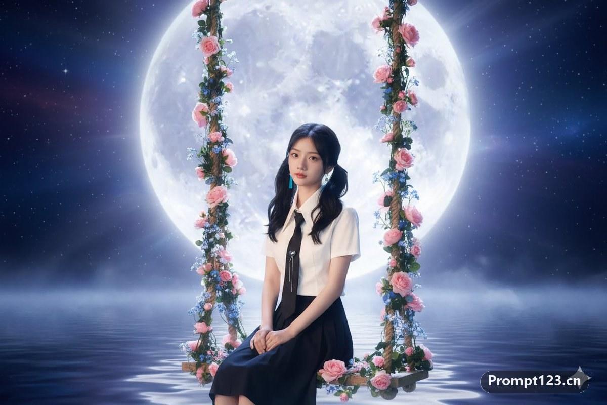 中秋月下秋千照片