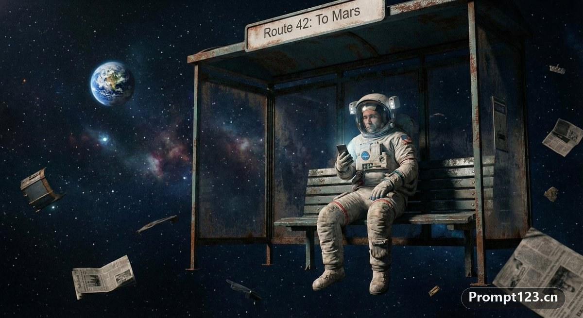 孤独的宇航员坐在普通城市公交站,等去火星的42路车