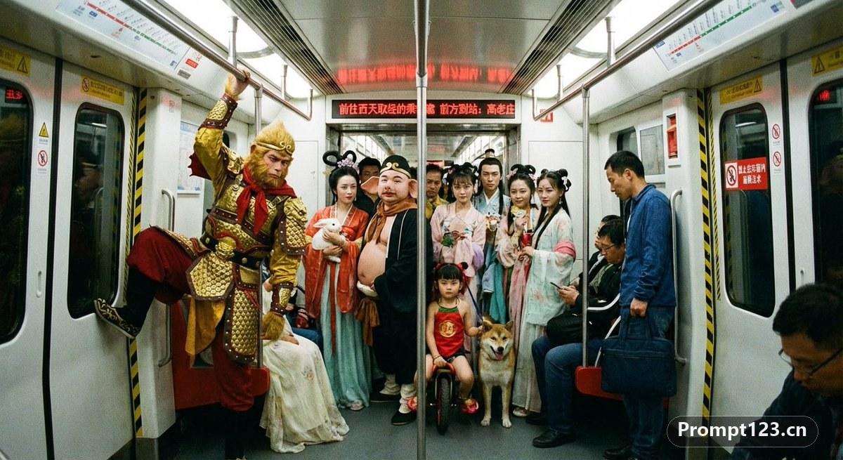 拥挤的北京地铁车厢，但乘客全是神话人物