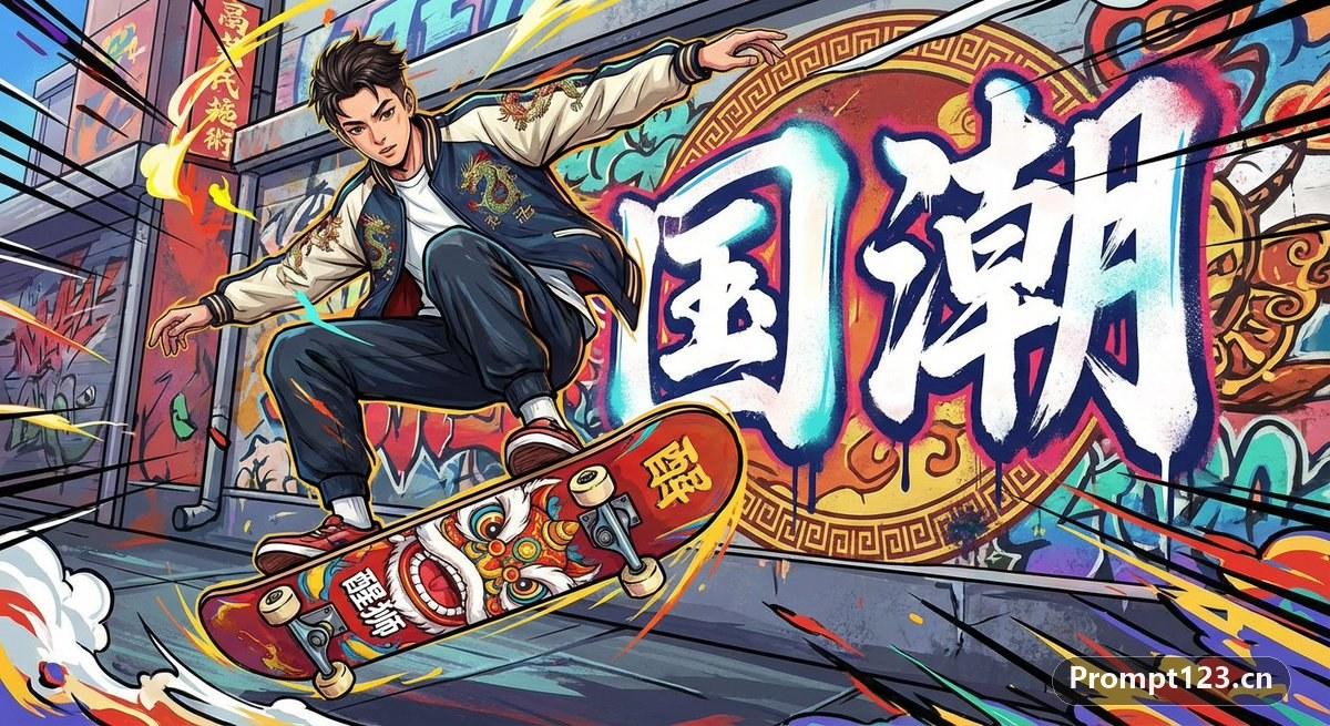 潮流插画风格，一个穿着国潮服饰的少年